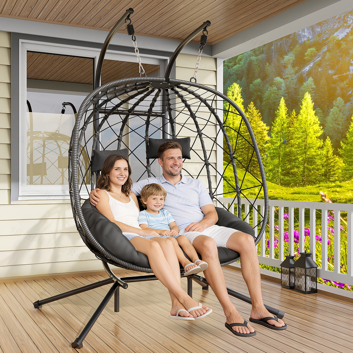 Egg Chair with Stand Rattan Wicker Outdoor Swing Hammock Chair Thickened Aluminum Frame UV-Resistant Cushion 350LBS Single or Two-Seater