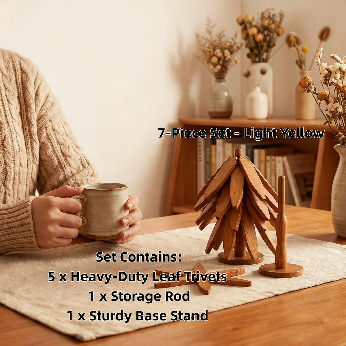 Tree Shaped Trivet Set Foldable Wooden Hot Pot Holder - Decorative Heat Resistant Trivet Mats for Kitchen Counter and Dining Table, Space Saving Stackable Leaf Trivet Set