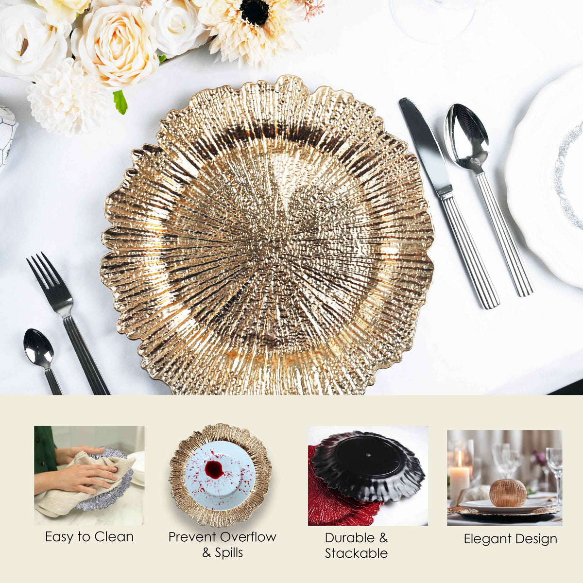 Charger Plates Set of 24 – 13 Inch Floral Reef Decorative Dinnerware for Wedding Party Table Setting Silver Gold Rose Gold Red