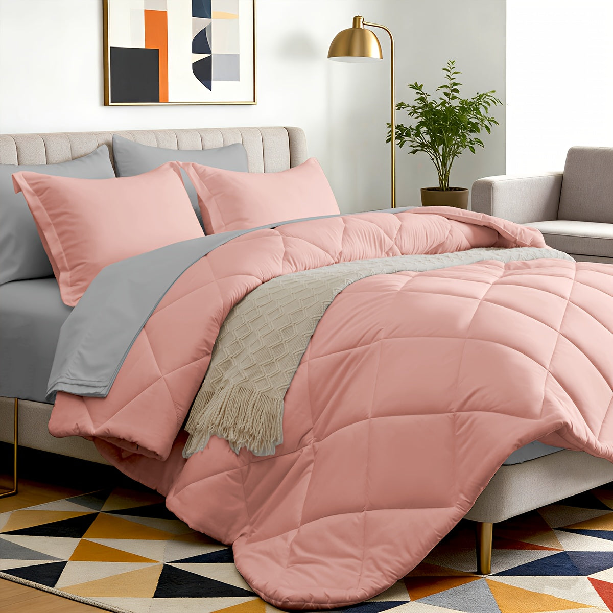 Bed in a Bag 7-Piece Double-Sided Checked Comforter Set – Ultra Soft Fluffy All Season Bedding with Flat Sheet Fitted Sheet Pillowcases Shams, Twin XL Full Queen King