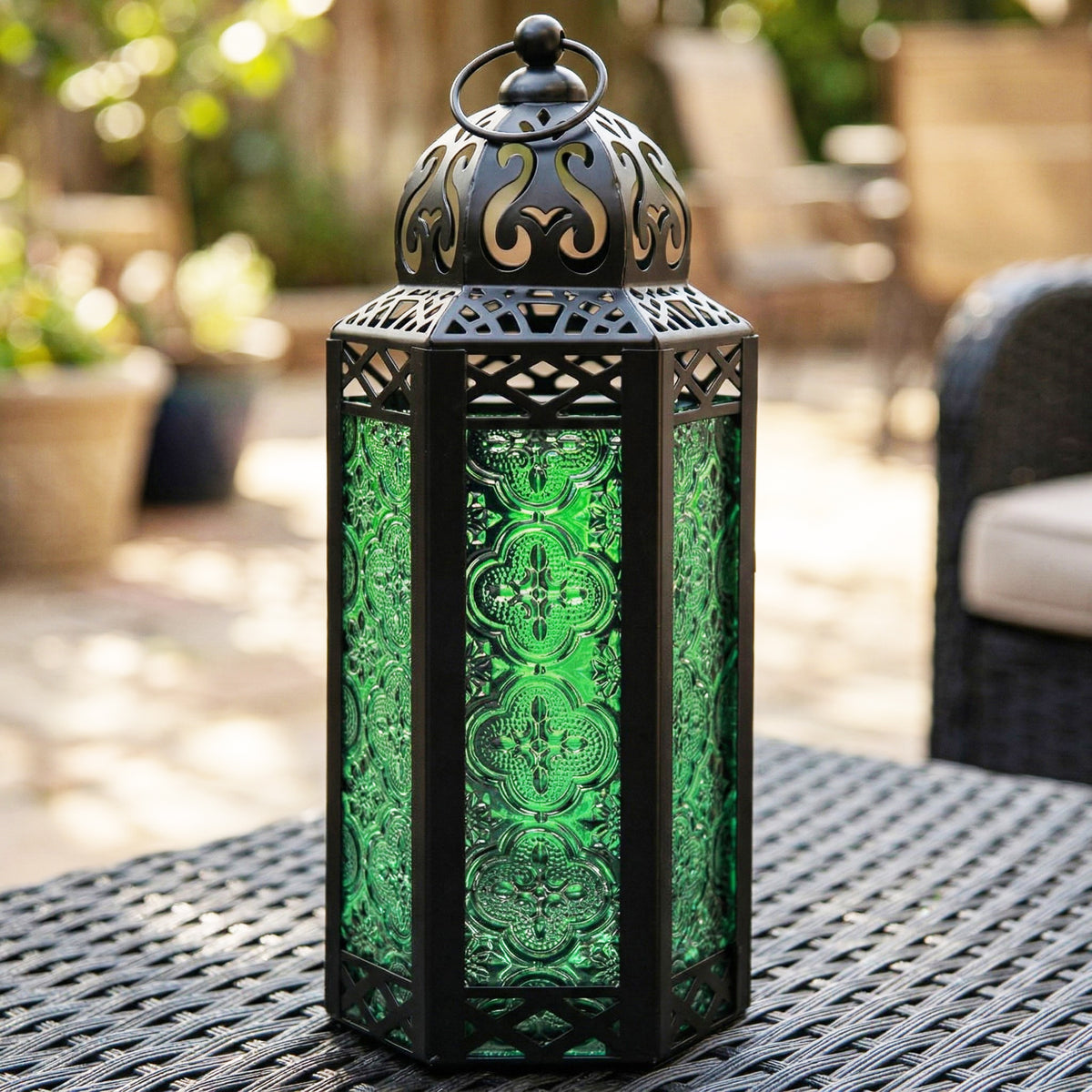 Moroccan Candle Lantern Holder Medium 10.5 Inch – Handcrafted Glass Iron Metal Lantern with Embossed Floral Panels, 17 Colors, Indoor Outdoor Use for Ramadan, Wedding, Patio, Diwali & Home Decor