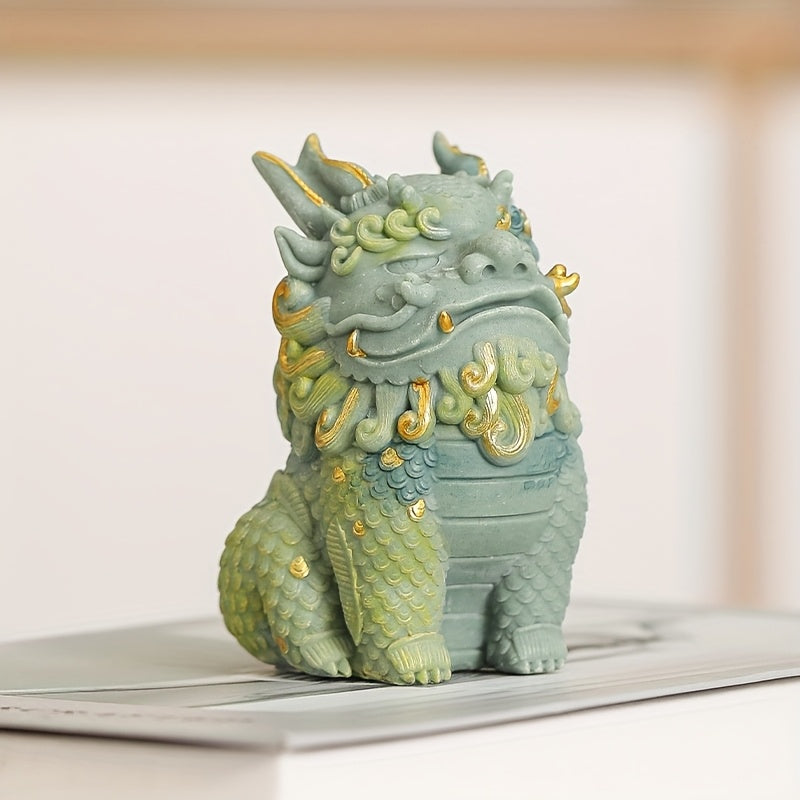 Pixiu Statue Wealth & Blessings Stone Figurine with Golden Floral Designs – Feng Shui Mythical Creature Decorative Sculpture for Living Room, Cabinet, Office & Home Display Gift