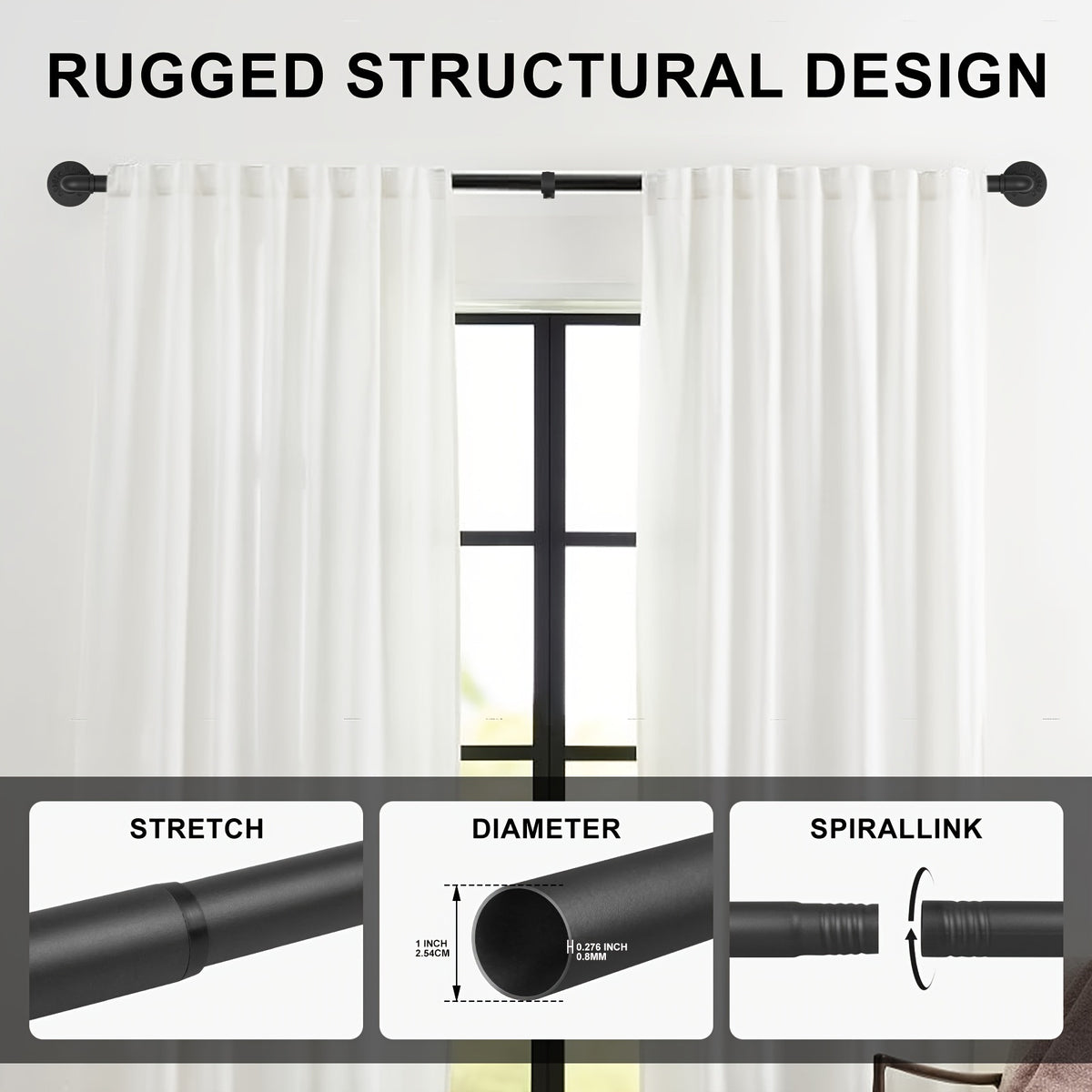 Curtain Rod Black Industrial 1 Inch with Brackets – Rustic Heavy Duty Window Rod Set for Indoor & Outdoor Use | 4 Sizes