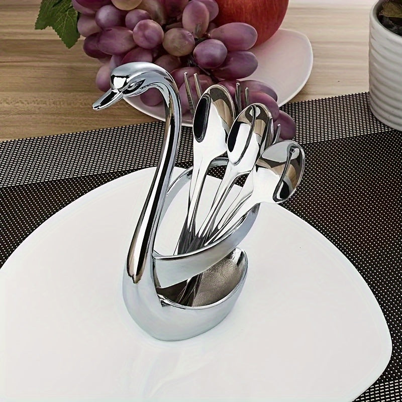 Swan-Shaped Stainless Steel Cutlery Rack with Fork & Spoon Set 7-Piece – Elegant Decorative Silverware Holder for Holiday Table Decor, Christmas, Halloween & Gifts