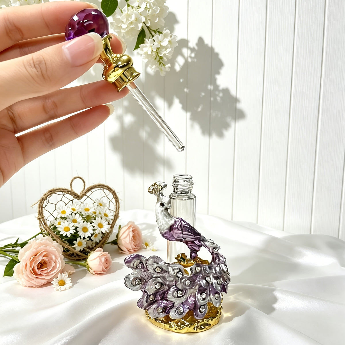 Peacock Perfume Bottle Refillable Vintage Cubic 0.14oz | Portable Decorative Essential Oil Dispenser Bottle for Travel, Holiday, Vanity Decor, Gift for Girls, Empty Bottle Only