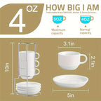 Porcelain Espresso Cups with Saucers 4oz – Set of 4 Stackable Cappuccino Cups with Metal Display Stand for Coffee, Latte & Tea