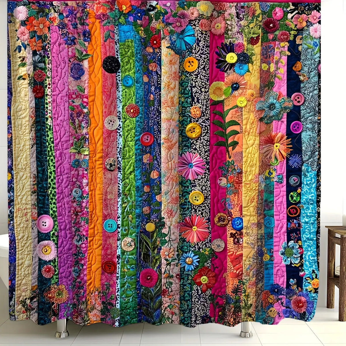 Vintage Striped Floral Print Shower Curtain 71x71 Inch with 12 Hooks Forest Theme Machine Washable Polyester with Window Curtains | Nuvia Haven