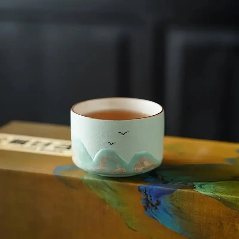 Chinese Landscape Painting Tea Cup Set of 4 – Kung Fu Tea Cups with Gift Box, Artistic Ceramic Teacups for Ceremony, Father’s Day & Holiday Gifting