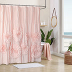 Ruffled Shower Curtain Farmhouse 72x72 - Handmade 3D Flower Vintage Ruched Fabric Bathroom Curtain, Victorian Romantic Luxury Decor, Black Pink Camel, Waterproof Microfiber 12 Holes