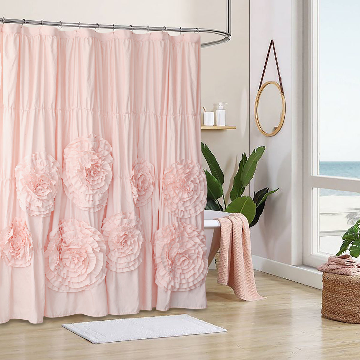 Ruffled Shower Curtain Farmhouse 72x72 - Handmade 3D Flower Vintage Ruched Fabric Bathroom Curtain, Victorian Romantic Luxury Decor, Black Pink Camel, Waterproof Microfiber 12 Holes