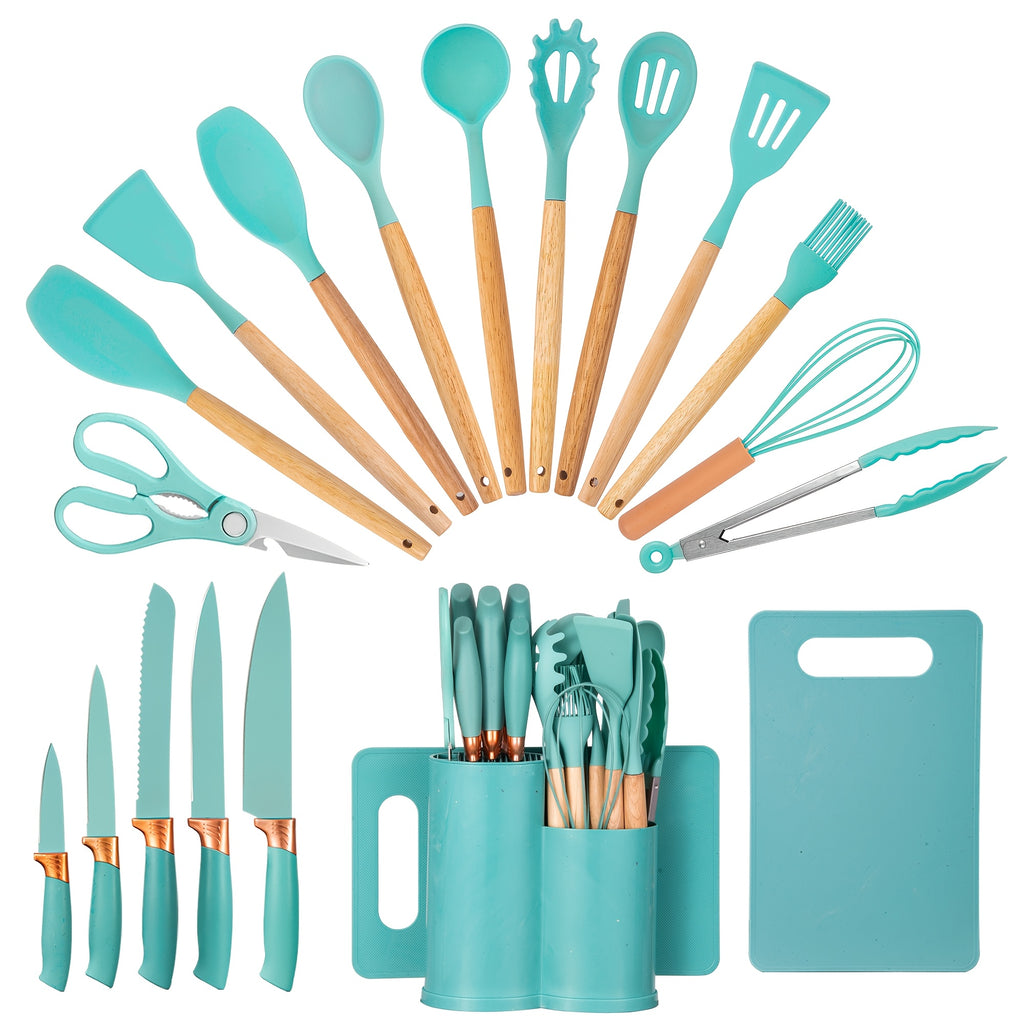 19-Piece Kitchen Knife & Utensil Set with Block – Silicone Cooking Tools, Wooden Handles, Stainless Steel Knives, Cutting Board & Scissors | All-in-One Kitchen Starter Set for Home, Dorm & Housewarming Gift