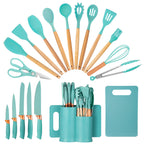 19-Piece Kitchen Knife & Utensil Set with Block – Silicone Cooking Tools, Wooden Handles, Stainless Steel Knives, Cutting Board & Scissors | All-in-One Kitchen Starter Set for Home, Dorm & Housewarming Gift