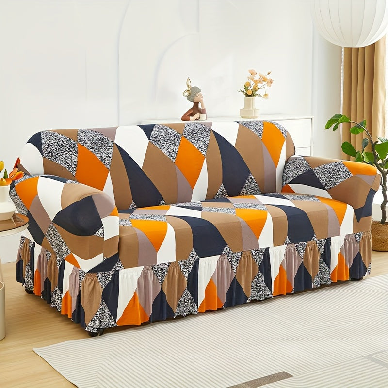 Printed Skirt Elastic Sofa Cover Full Wrap – Universal Fiber Fabric All-Season Couch Slipcover Protector for Living Room, Single 2-Seater 3-Seater 4-Seater