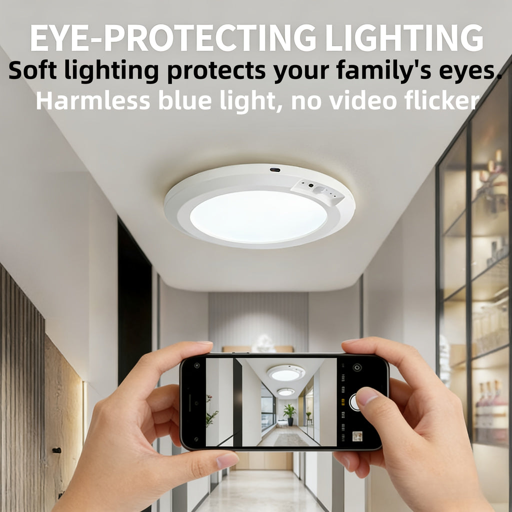 Rechargeable LED Ceiling Lamp with Motion Sensor – 3 Color Modes, 10 Brightness Levels, Remote Control & Timer – Battery-Powered Semi Flush Mount for Living Room, Kitchen & Bathroom