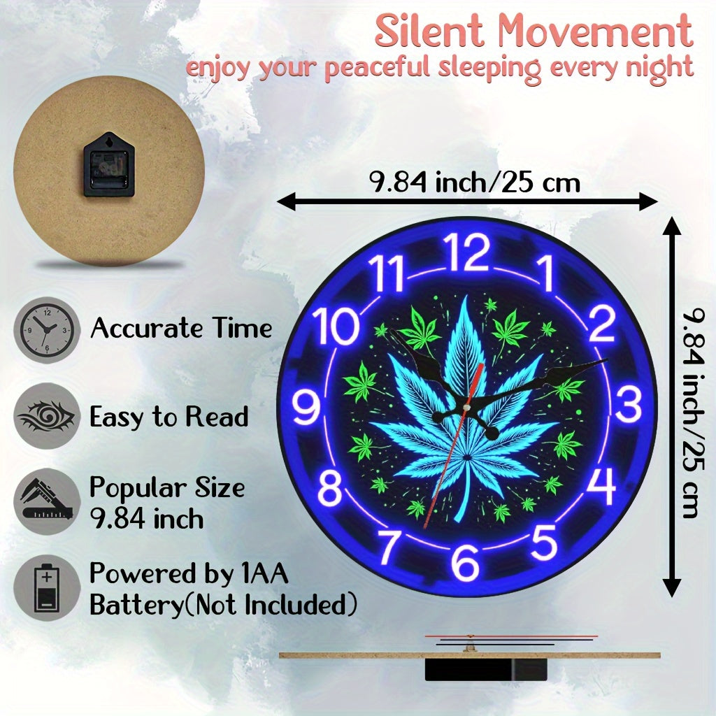 Neon Wooden Silent Wall Clock 10x10 Inch for Basement Bookstore Staircase – Battery Operated Decorative Clock for Home, Office & Seasonal Gift