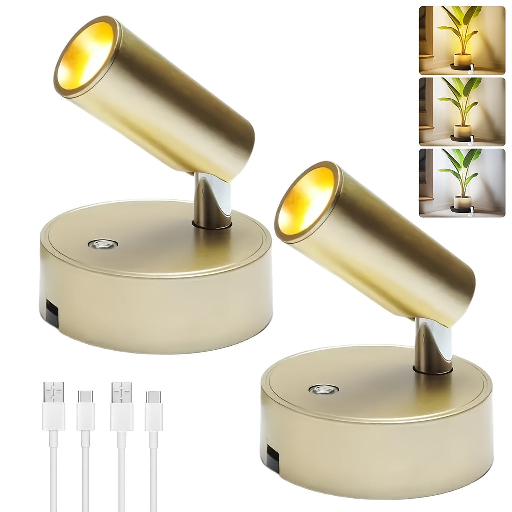 Wireless LED Spotlight 2-Pack Rechargeable Indoor Accent Uplighting 3 Color Dimmable for Plants Pictures Wall Art Decor – Black Gold White
