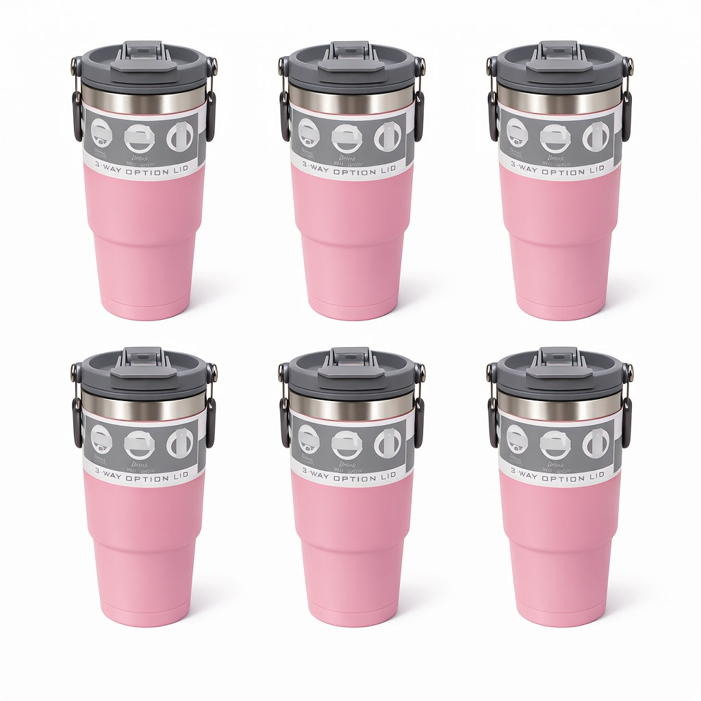 30oz Stainless Steel Insulated Tumbler 6-Pack with Handle, Lid & Straw – Double Wall Vacuum Travel Cups, Colorful Gift Set for Coffee, Cold Drinks & Daily Use | Black, Red, White & More