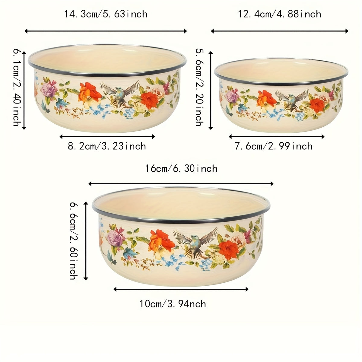 3-Piece Enamel Sealed Container Set with Lids – Fresh-Keeping Food Storage Bowls for Fruit, Vegetables, Soup & Salad | Lunch Box, School & Home | Rose & Floral Styles