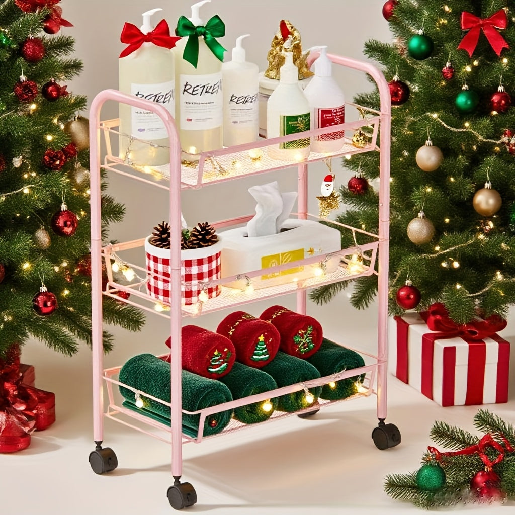 3-Tier Metal Rolling Cart with Wheels - Mesh Wire Utility Storage Trolley with 3 Hooks, Tool-Free Assembly, Rolling Shelving Unit for Kitchen, Bathroom, and Laundry Room