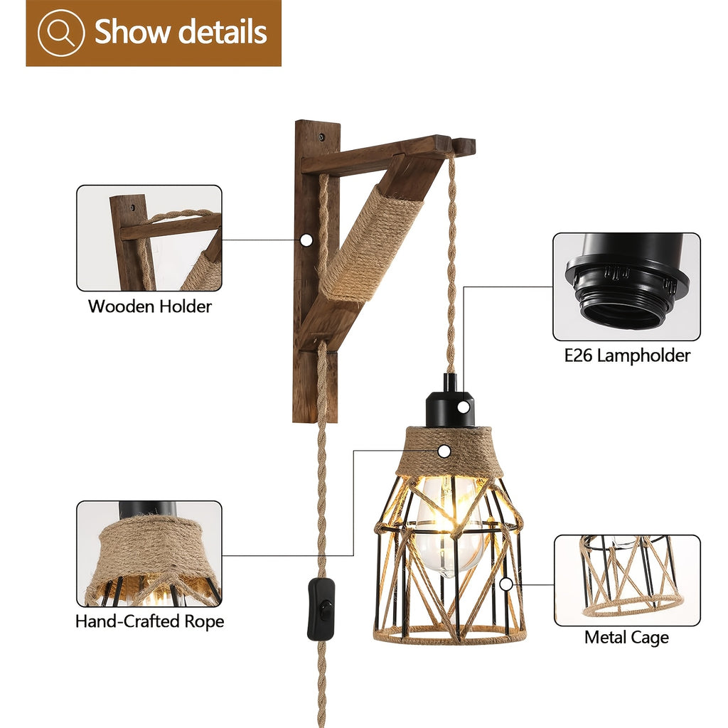 Plug-In Wall Sconces Farmhouse Rustic Metal Cage with Wooden Bracket – Hanging Lamps That Plug Into Wall Outlet for Bedroom, Living Room & Headboard – 1 or 2 Pack