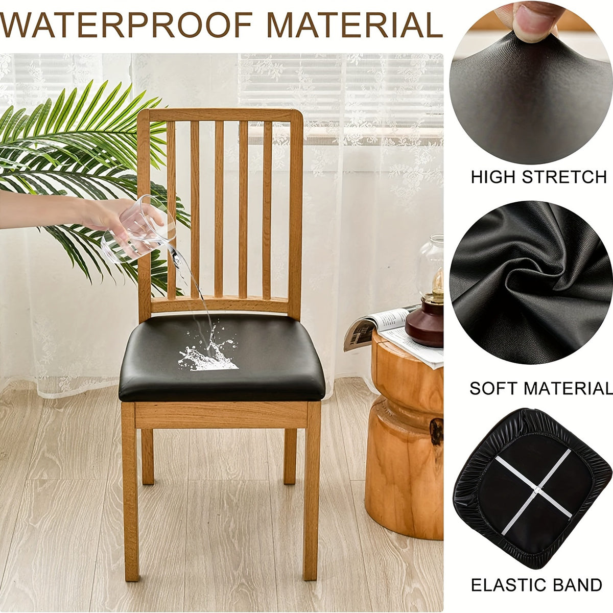 PU Leather Dining Chair Cushion Covers 4/6 Pack – 100% Waterproof Stretch Slipcovers for Parsons Chairs, Removable Machine Washable Seat Protector for Dining Room Kitchen Hotel Home Decor