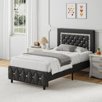 Upholstered Bed Frame with Diamond Tufted Headboard & Footboard – Faux Leather, Wooden Slats, No Box Spring Needed | Twin Full Queen King
