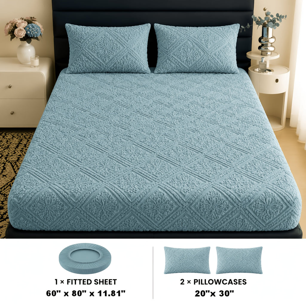 Embossed Fitted Sheet Set Super Soft Deep Pocket - European Texture Bed Sheets All Season, Machine Washable, Optional Pillowcases, Twin Full Queen King Sizes, 5 Colors Bedroom Bedding