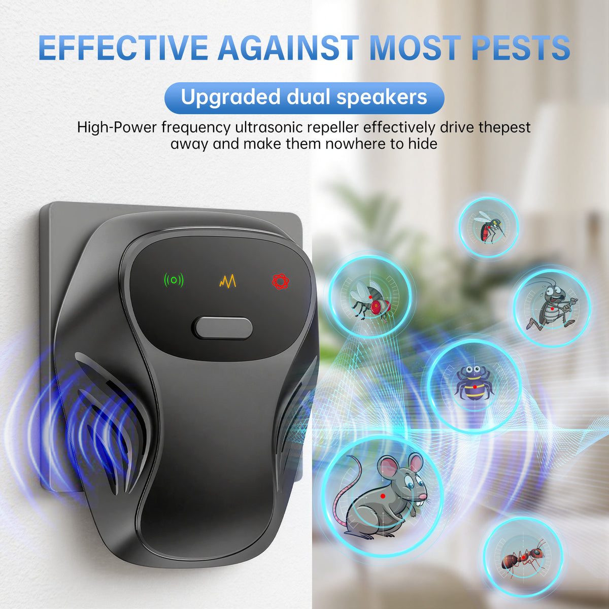 Dual Speaker Ultrasonic Pest Repeller Plug-In Soundwave Rodent Repellent Safe for Humans & Pets Chemical-Free Indoor Pest Control for Mice Rats Ants Cockroaches Mosquitoes Home Office