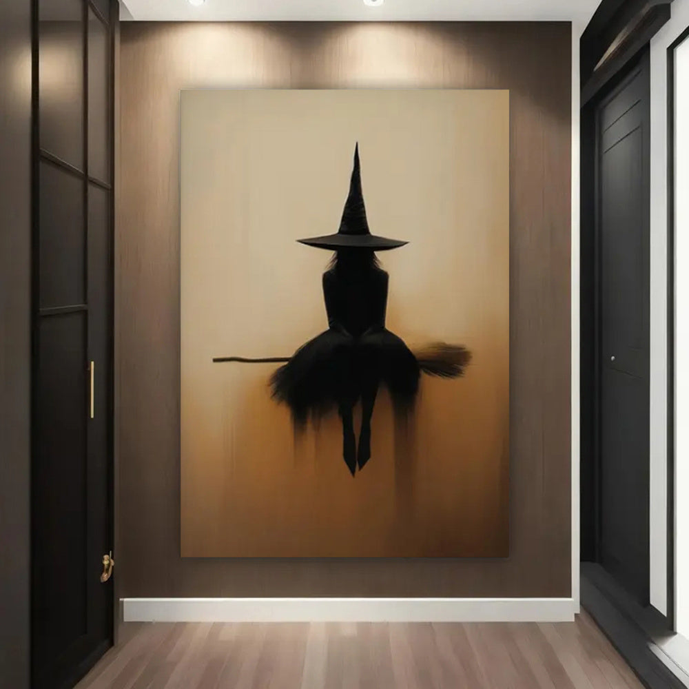 Witch Silhouette Framed Canvas Wall Art – Minimalist Gothic Beige & Black Broomstick Print, Spooky Halloween Decor for Living Room & Bedroom, Multiple Sizes Available