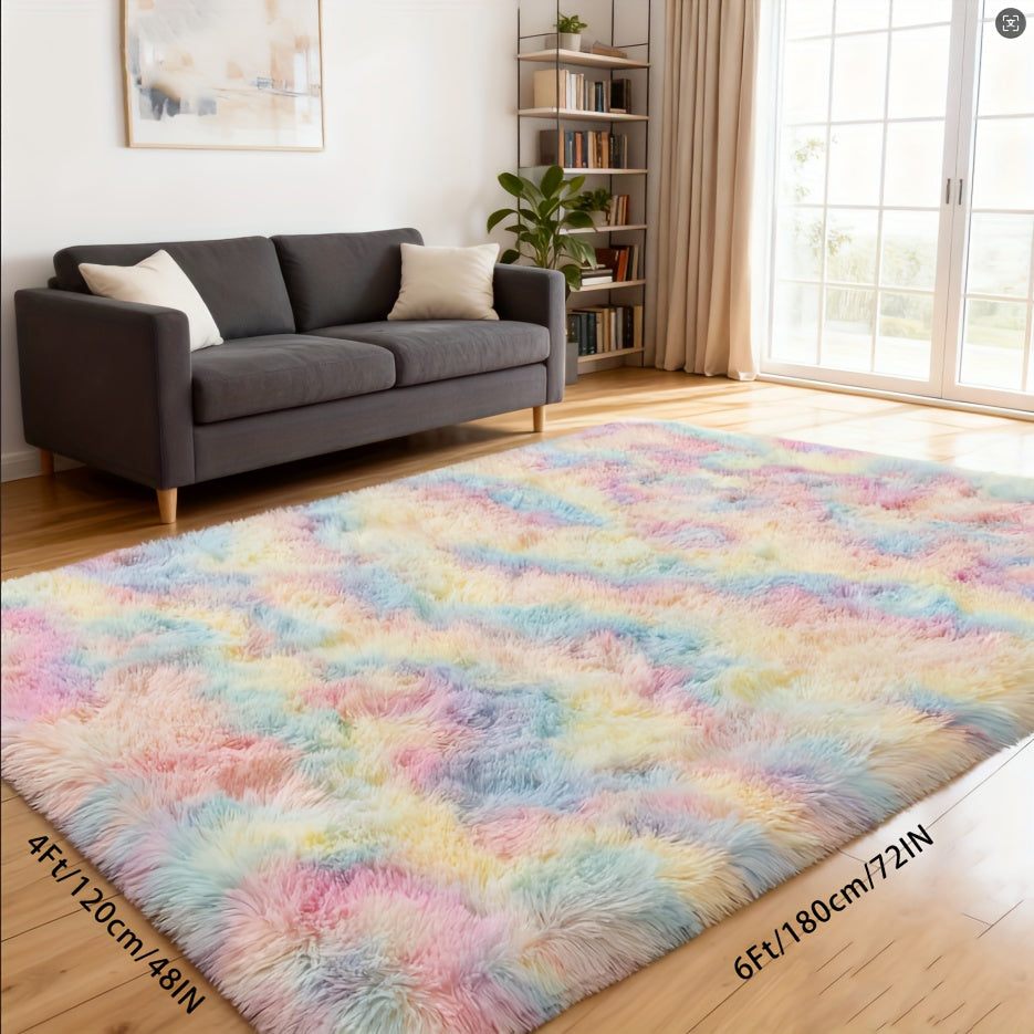 Fluffy Shaggy Area Rug 4x6 High Pile Non-Slip for Bedroom, Living Room & Dining – Soft Fuzzy Plush Floor Carpet in Gray & Tie-Dye Rainbow