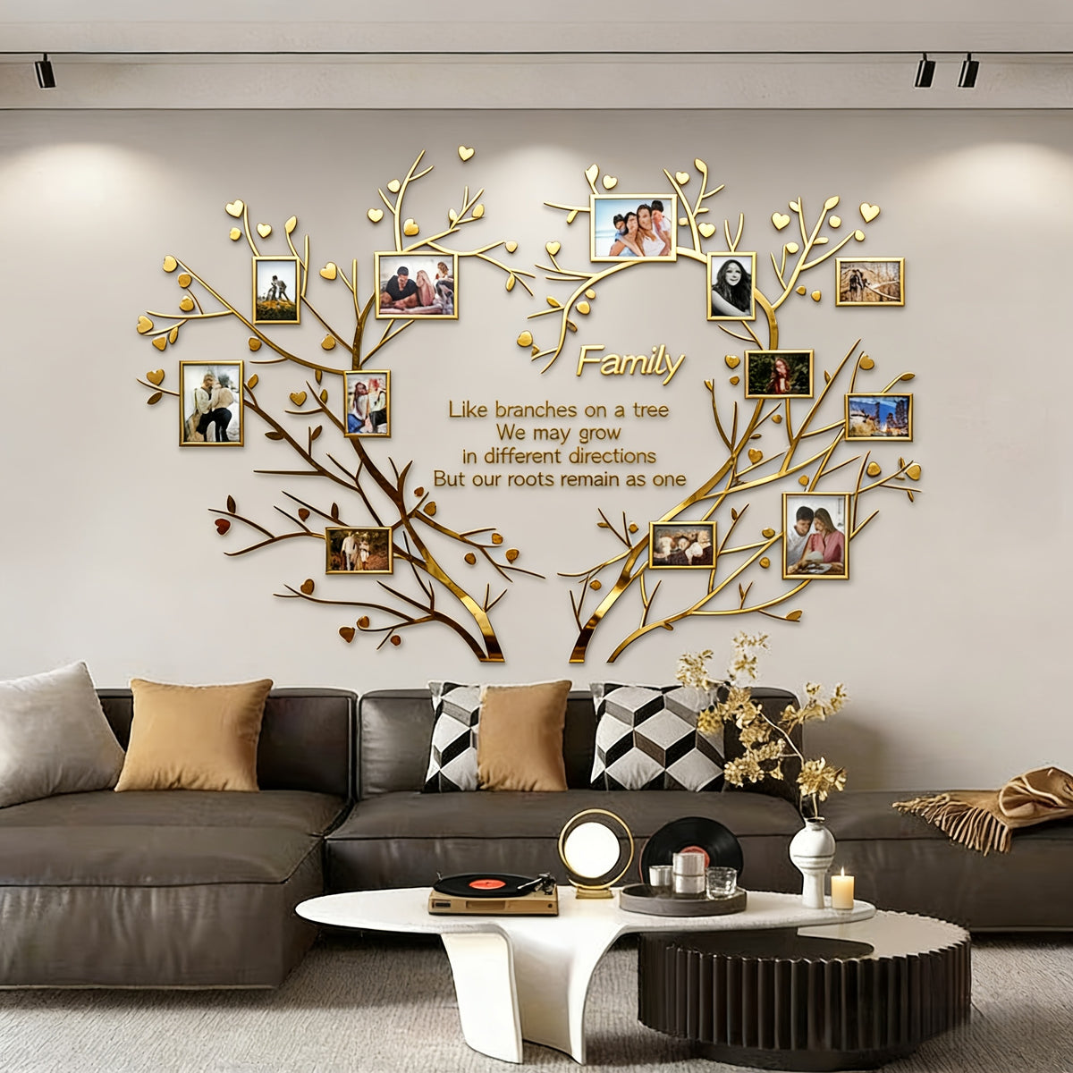 Family Tree Collage Frame Wall Decor - Removable 3D Acrylic Heart Design Photo Frames - DIY Peel and Stick Wall Art for Living Room and Bedroom - Unique Family Gift for Home