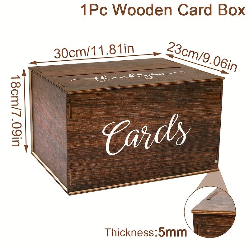 Wedding Card Box with Lid Rustic Faux Wood, Boho Dark Brown Rectangular Gift Card Holder with Slot for Wedding, Bridal Shower, Graduation, Anniversary, Baptism & Party Decorations, Keepsake Organizer
