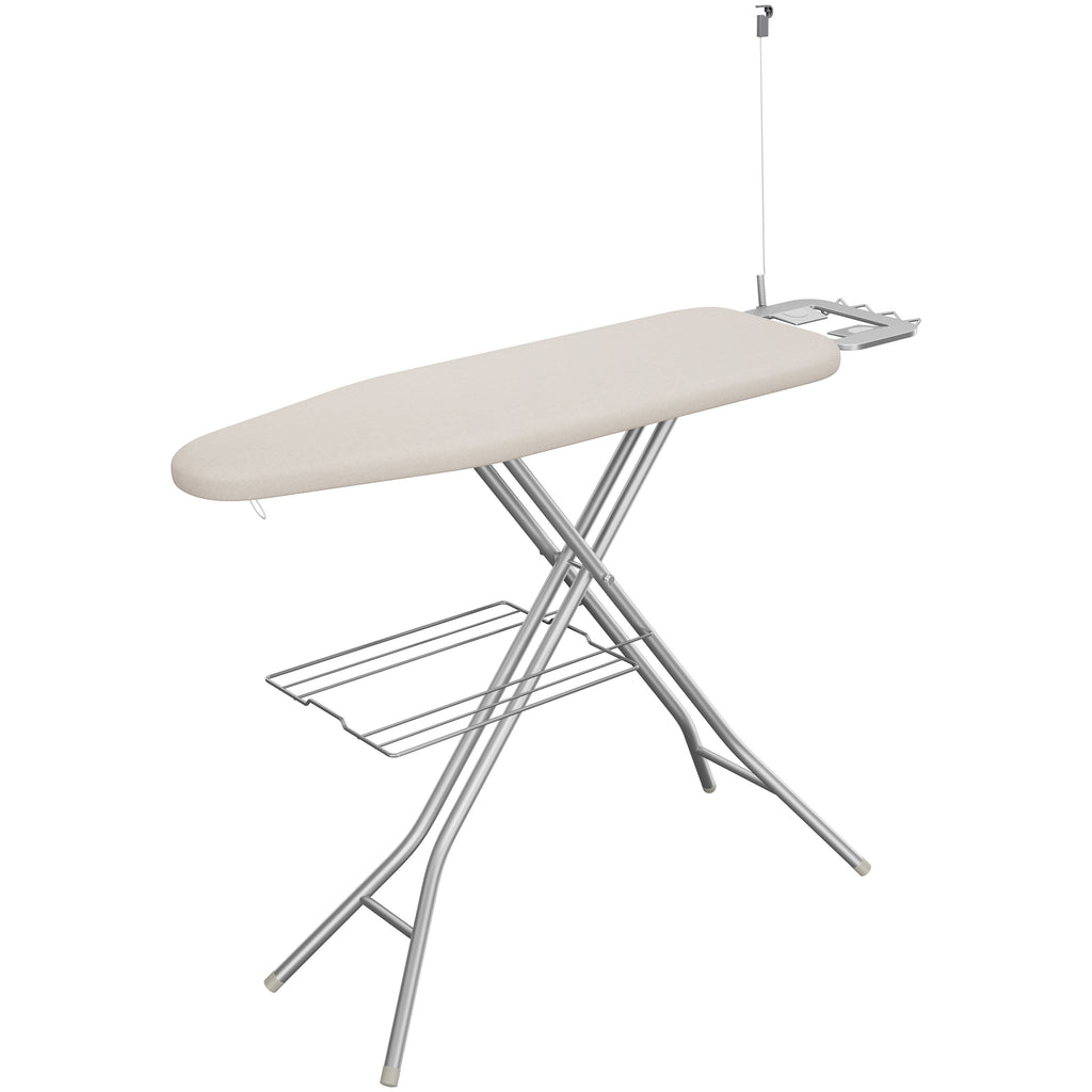 Full-Size Foldable Ironing Board Height-Adjustable – Heavy-Duty Steel Legs, 4-Layer Padding, Iron Rest, Cord Holder & Storage Rack for Laundry Room, Living Room & Dorm | Beige & Gray