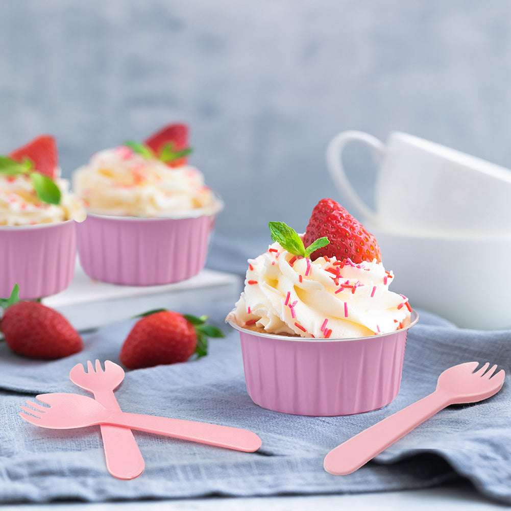 Aluminum Foil Cupcake Liners with Lids & Spoons - 50 Pack, 5oz Disposable Muffin Cups for Oven, Microwave & Air Fryer, Party Baking Cups for Christmas, Weddings & Birthdays, Pink & Grey