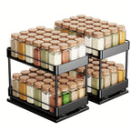 Pull Out Spice Rack Organizer 2 Pack Double Tier Adjustable Under Cabinet Sliding Spice Bottle Holder - Rust Resistant L-Shaped Kitchen Storage Black