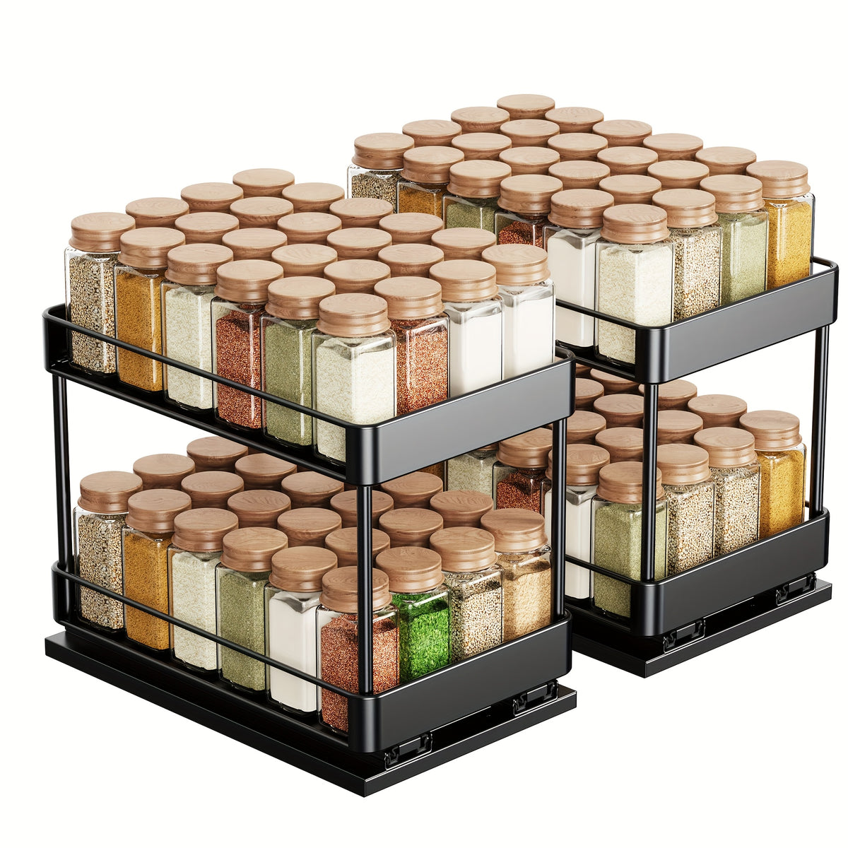 Pull Out Spice Rack Organizer 2 Pack Double Tier Adjustable Under Cabinet Sliding Spice Bottle Holder - Rust Resistant L-Shaped Kitchen Storage Black