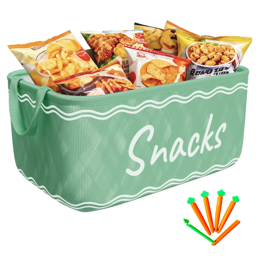 Large Snack Bin Organizer with 5 Chip Clips – Countertop Pantry Snack Basket for Chips, Pretzels, Cookies & Popcorn, Kitchen Organization Shelf Basket