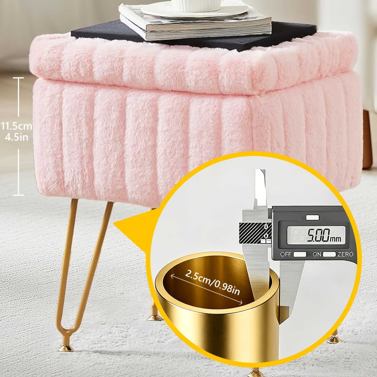Vanity Chair with Storage PU Leather Makeup Stool Shoe Changing Ottoman Dual Purpose Seat 4 Gold Metal Legs Bedroom Living Room Study Cream White Black Pink Purple