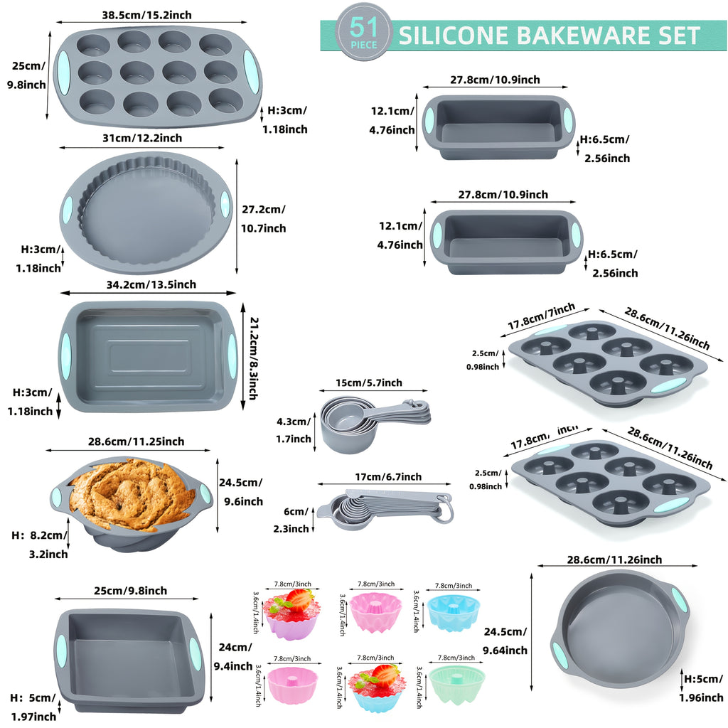 Silicone Bakeware Set 46 & 51 Piece Non-Stick Oven Baking Pans with Muffin Pan Cake Mold Donut Loaf Pan Baking Cups & Measuring Cups Spoons