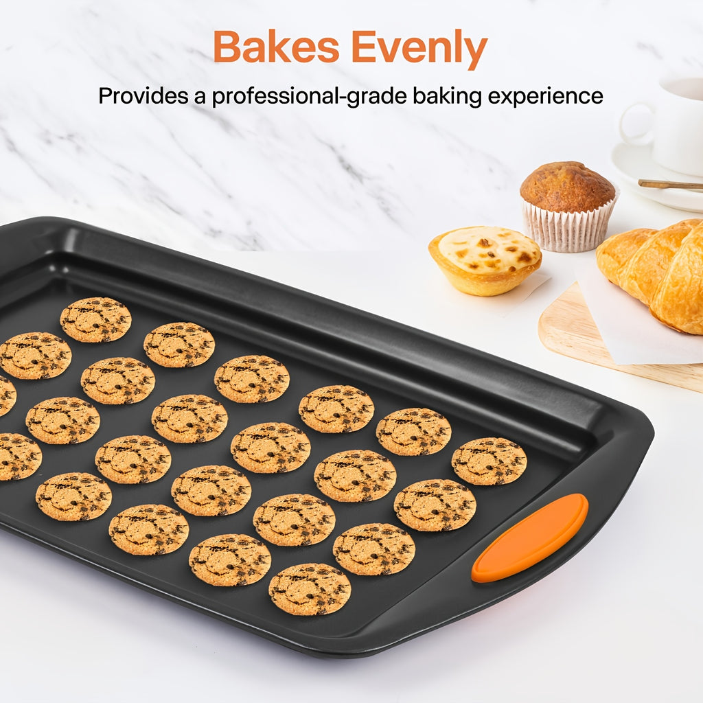 Non-Stick Baking Sheet Set with Silicone Handles – Heavy Carbon Steel Cookie Trays, Stackable, Assorted Sizes, 2/3/6/12/24 Pack for Baking & Roasting