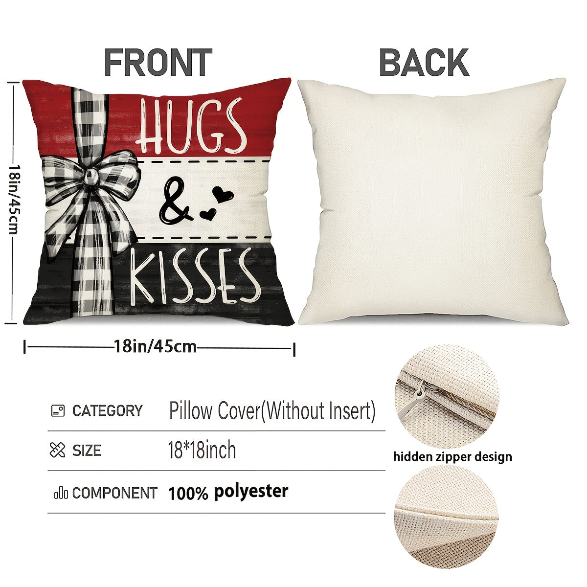Set of 4 Valentine's Day Throw Pillow Covers – Red & Black Striped Bow | 18x18 inch