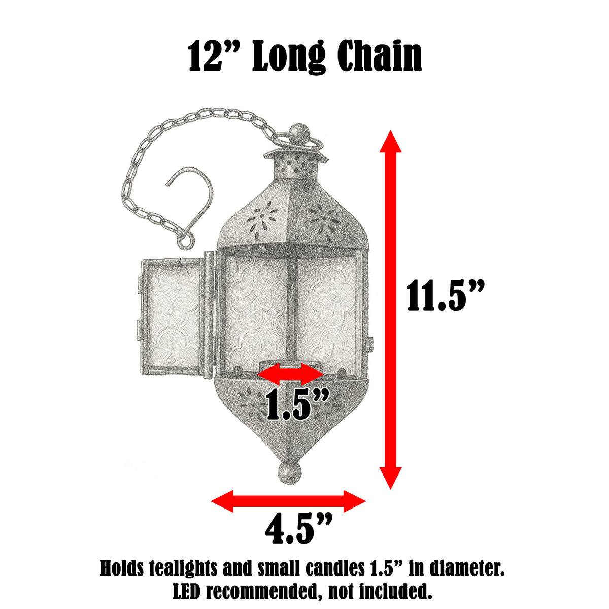 Moroccan Hanging Candle Lantern with Chain – Vintage Boho Style Iron & Glass Tealight Holder for Home, Patio, Garden, Wedding & Ramadan Decor (23.5" Overall)