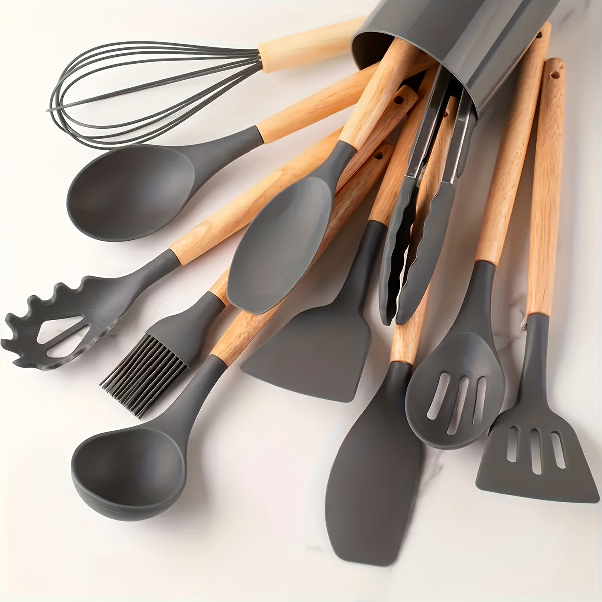 Silicone Kitchen Utensil Set 12 Piece with Wooden Handles - Non-Stick Heat Resistant Cooking Tools for Home, Dorm & Baking, Colorful Kitchen Gadgets Gift Set