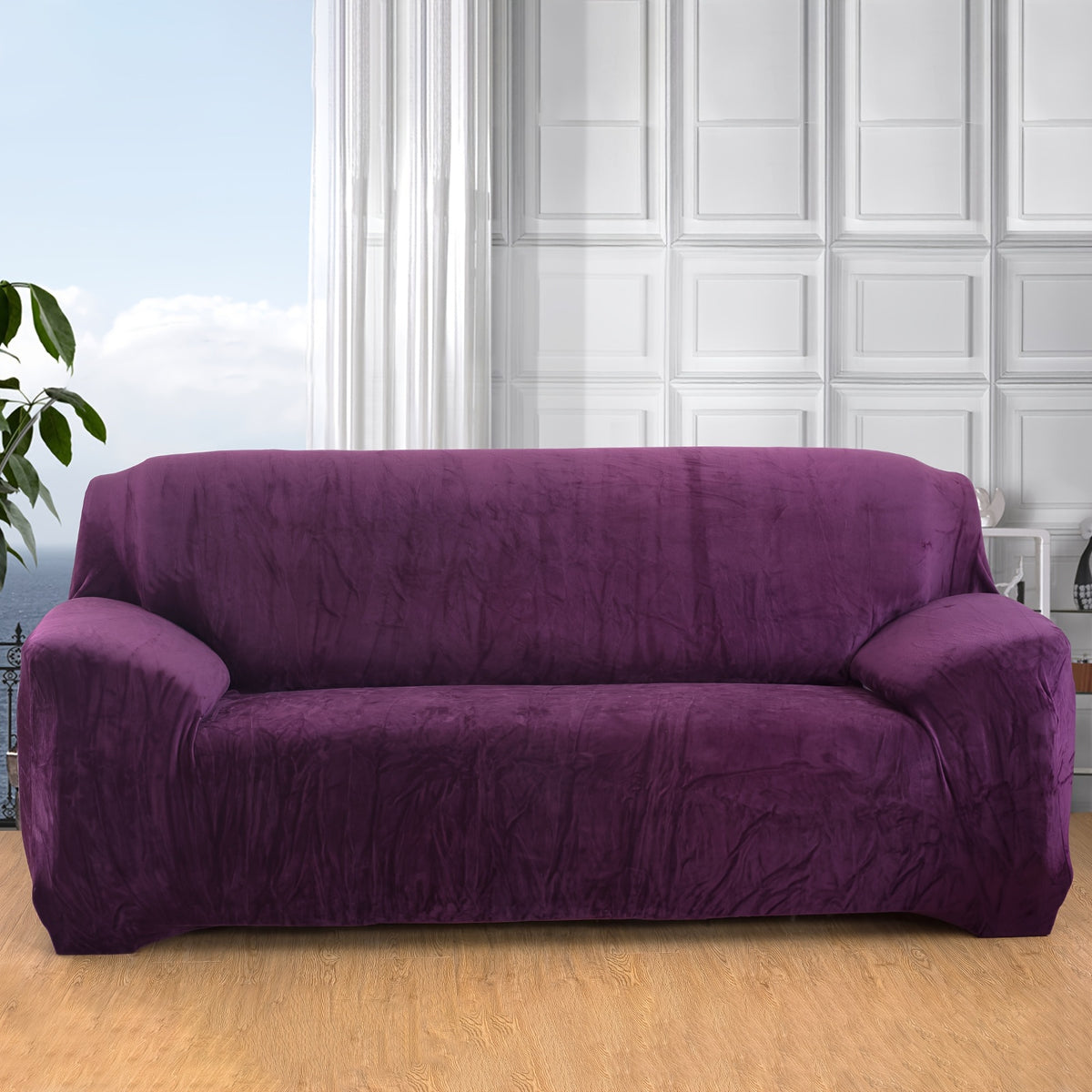 Plush Sofa Slipcover Stretch Thick Couch Cover - Soft Velvet Furniture Protector for Chair Loveseat 3 4 Seater, Anti-Slip Elastic Wrap, Machine Washable, 6 Colors for Living Room