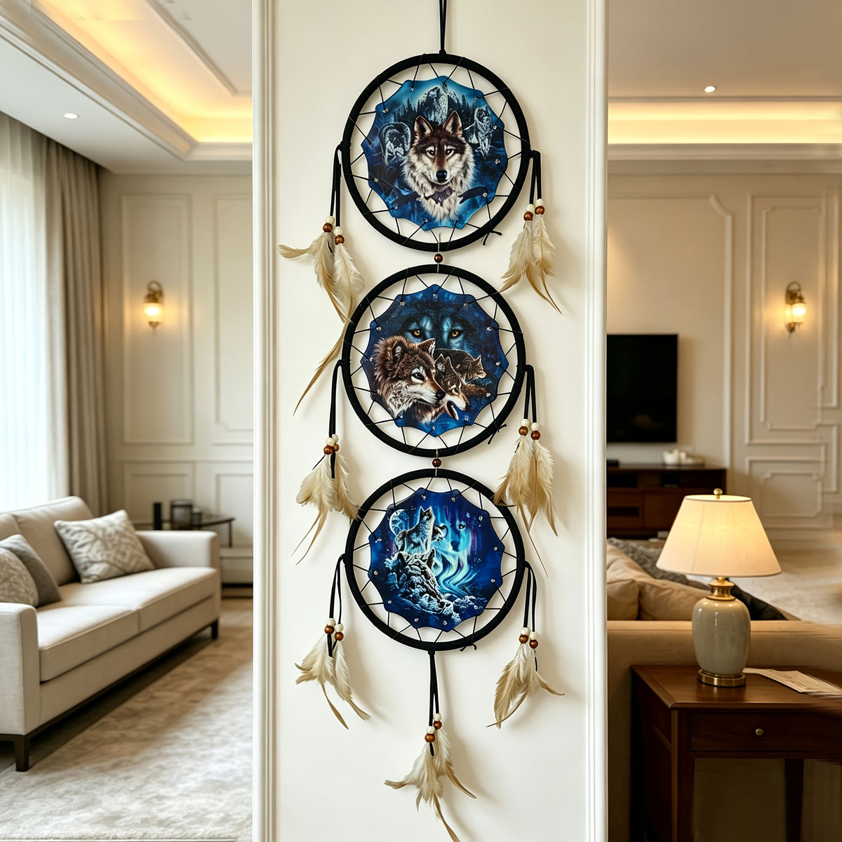Wolf Dream Catcher Wall Decor – Boho Bedroom Wall Hanging Native American Style Dream Catcher Gift for Boys Kids Teen Room
