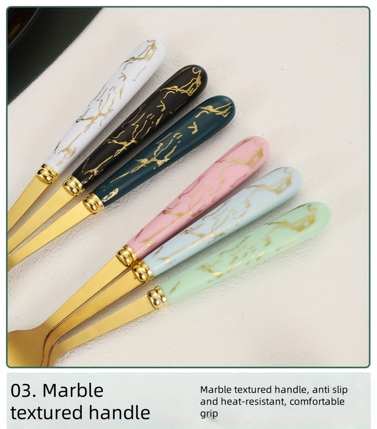 Marble Pattern Cutlery Set 24 Piece Polished Flatware Dinner Forks Soup Spoons Teaspoons for Home Restaurant Hotel Outdoor Dining Black Pink White Green