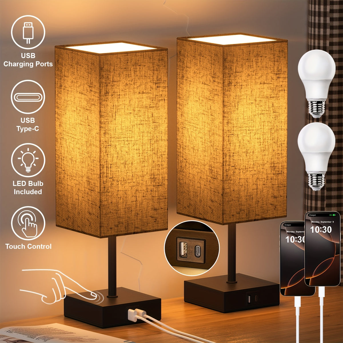 Bedside Lamps Set of 2 with 3-Way Dimmable Touch Control, USB-C & USB-A Charging Ports, LED Bulbs Included – Nightstand Lamps for Bedroom & Living Room
