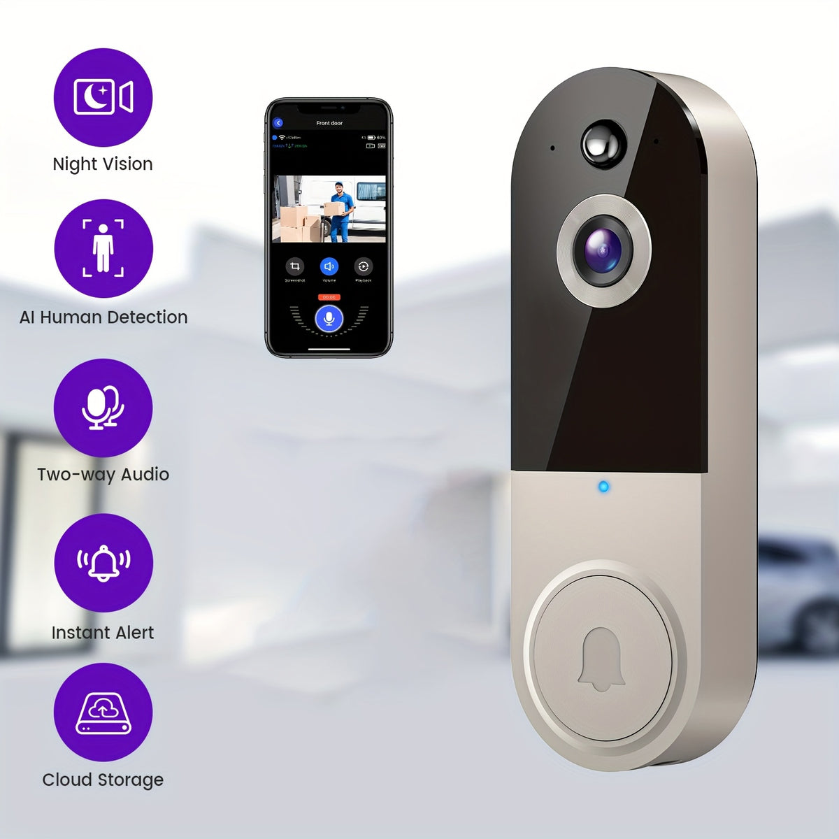 1080P Video Doorbell Camera Wireless – Intelligent Body Detection, Two-Way Audio, Infrared Night Vision, Cloud Storage, Real-Time View, 5200mAh Battery, Black Linen