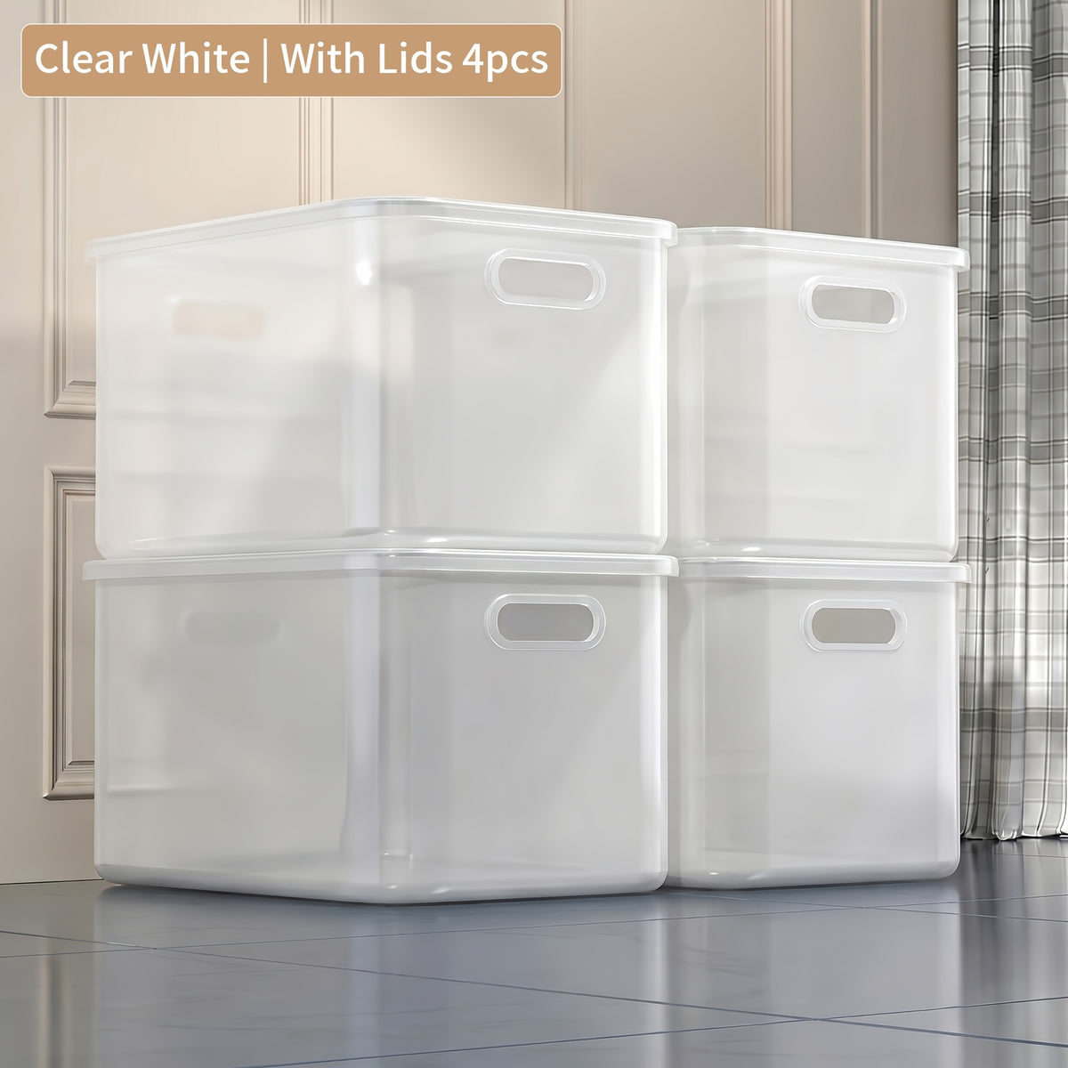 13-Inch Square Plastic Storage Bins 4-Pack with Handles Lid & No-Lid Options White Wardrobe Storage Box Set for Clothes Tools Closet Shelves – Premium Home Organization Containers