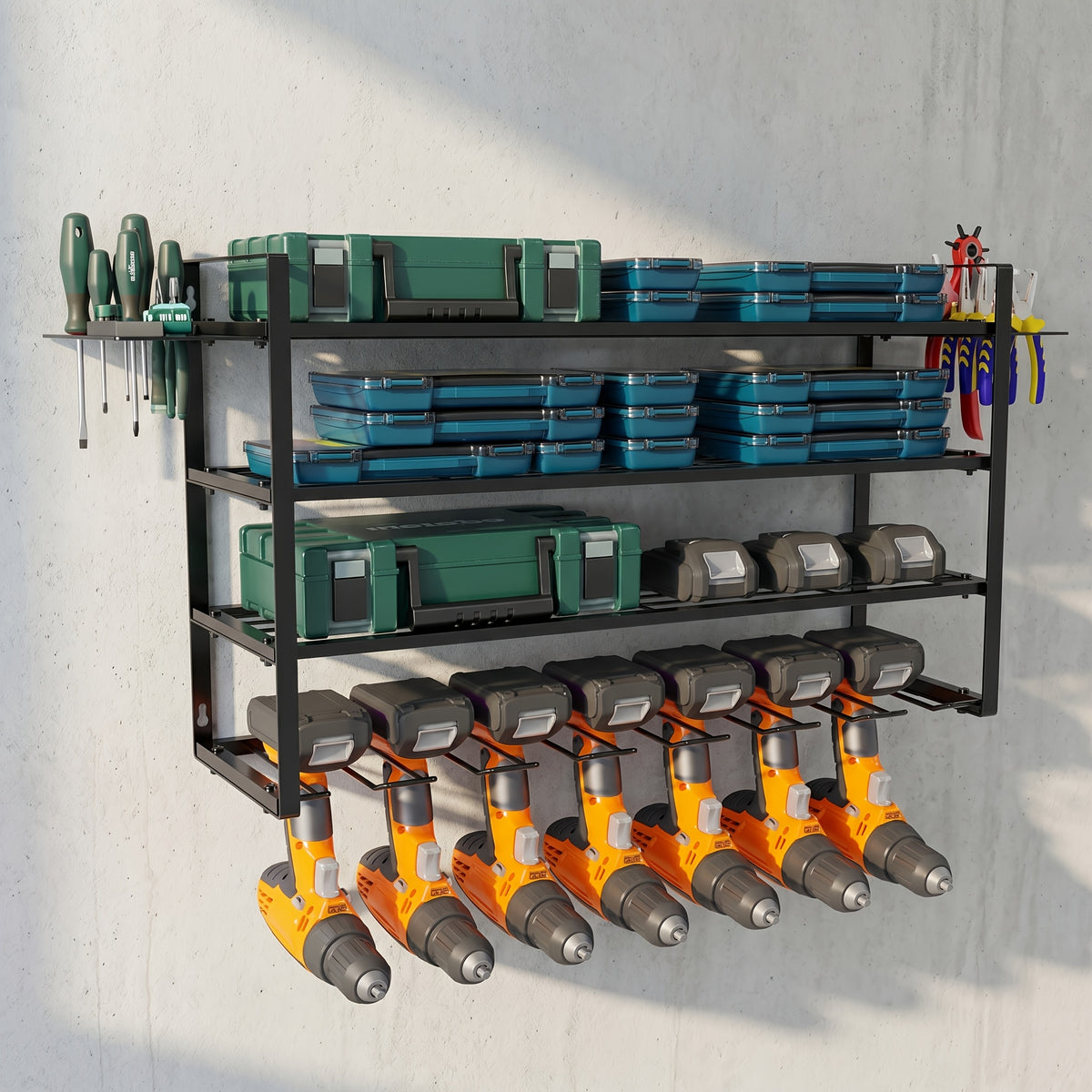 Power Tool Storage Rack Wall Mount – 150 lb Heavy-Duty 3-Tier Steel Organizer with 7 Bit Holders for Garage Workshop Shed Basement